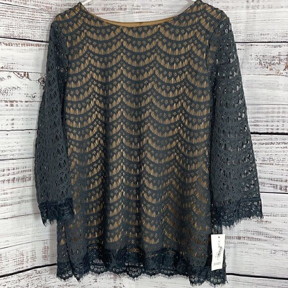 Charter club Top womens Size Medium Lace Blouse Preppy Scallop Trim Gray New - Picture 2 of 9